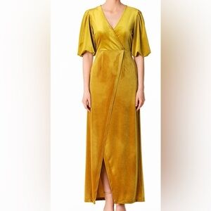 Mustard yellow velvet puff sleeve wrap maxi dress